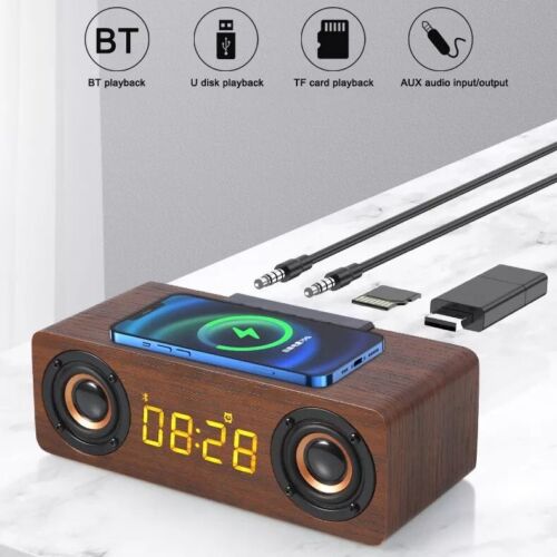 Wooden Digital Alarm Clock Speaker FM Radio 10W Wireless Phone Charger LED Clock