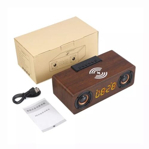 Wooden Digital Alarm Clock Speaker FM Radio 10W Wireless Phone Charger LED Clock